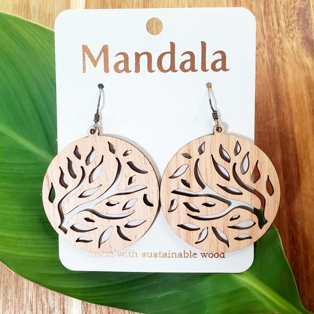 MANDALA Laser Cut Light Wood LG. Earrings Sterling Siver Bohemian Leaf NWT